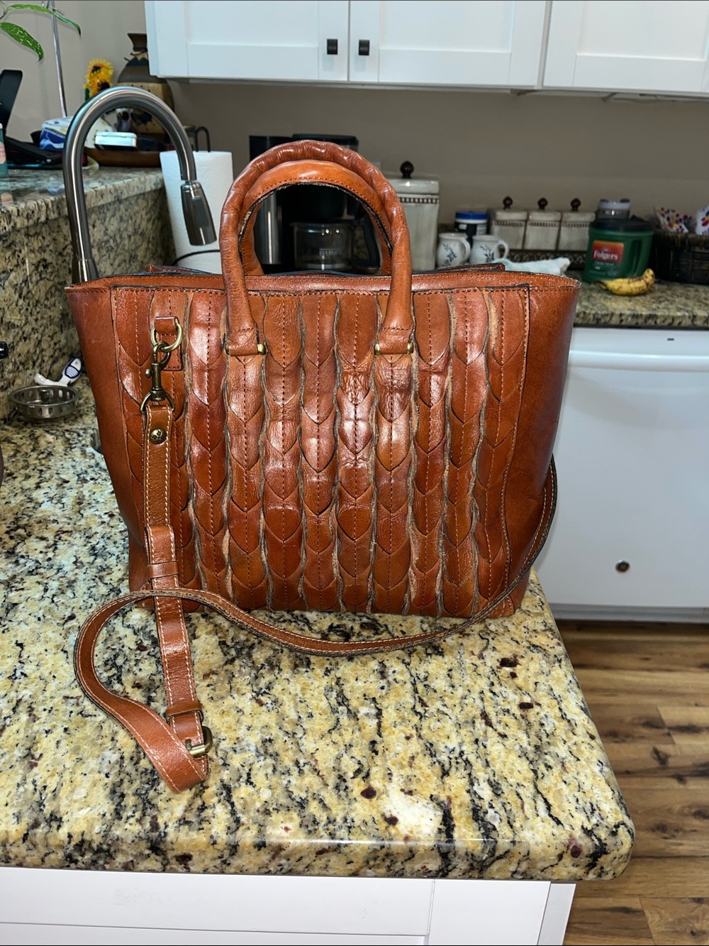 EUC Patricia Nash Mariola Feather Leaf Distressed Leather Handbag/Crossbody